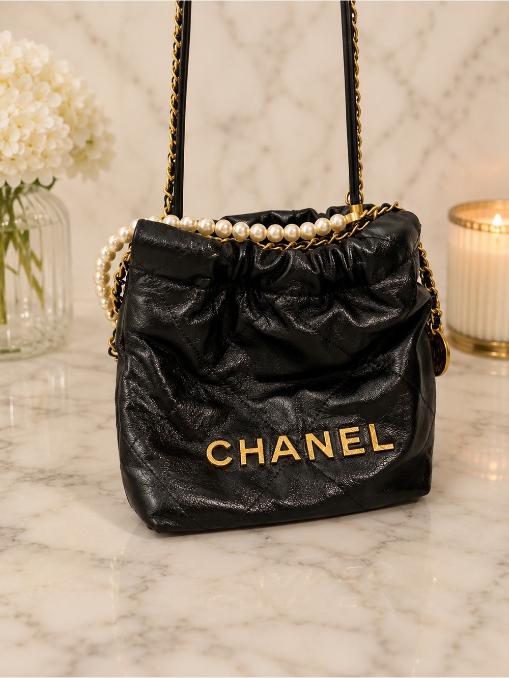 Chanel 22 Chain Hobo Quilted Calfskin with Pearl Chain Mini (with Box & Receipt)